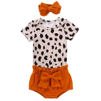 

2020 Summer Baby Girls Outfits Short Sleeve O-Neck Cow Pattern Print Romper+ Solid Color Shorts + Headband 0-2T Toddler Clothing