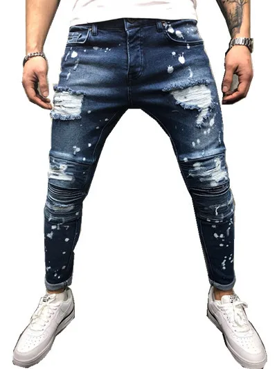 

Fashionable Men's slim Jeans Hollow Pleated and Speckle Design pencil Pants