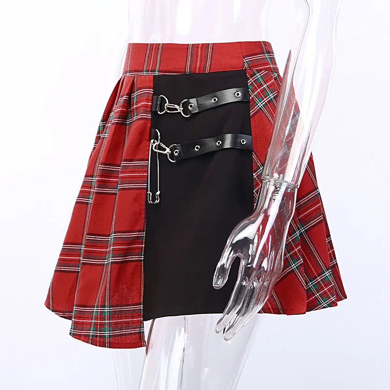 Punk Style Red Plaid Skirt Women High Waist Pleated Mini Skirt with Leather Straps Girls Kawaii Asymmetric Micro Skirt