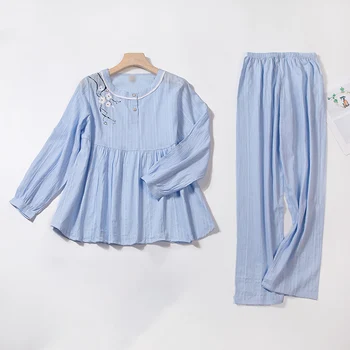 

Women's Pajamas Set Folds Rayon Cotton Print O-Neck Button Elastic Waist Ladies Homewear Spring Autumn Casual Sleepwear Female