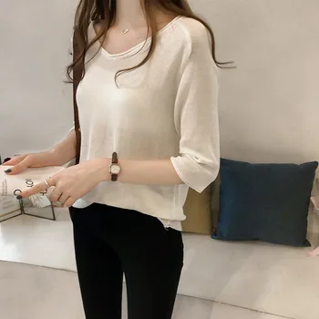 

Spring Summer New Solid Color Women Thin Knit Top Korean Style Loose Casual Half Sleeve V-neck Sweater