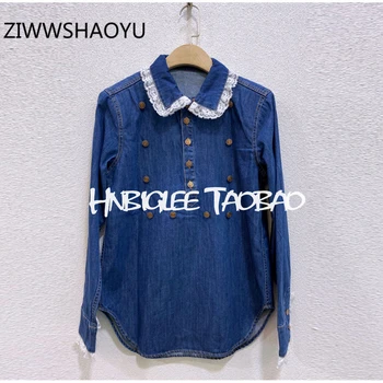 

ZIWWSHAOYU Female Spring Blue Retro Cotton Denim Blouse Tops Women Long Sleeve Lace Stitching Button Streetwear Shirt