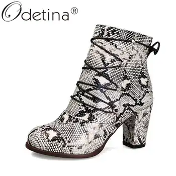 

Odetina New Women Round Toe Winter High Block Heel Dress Ankle Boots Elegant Snakeskin Cross-Tied Zip Up Low Cut Boots Big Size