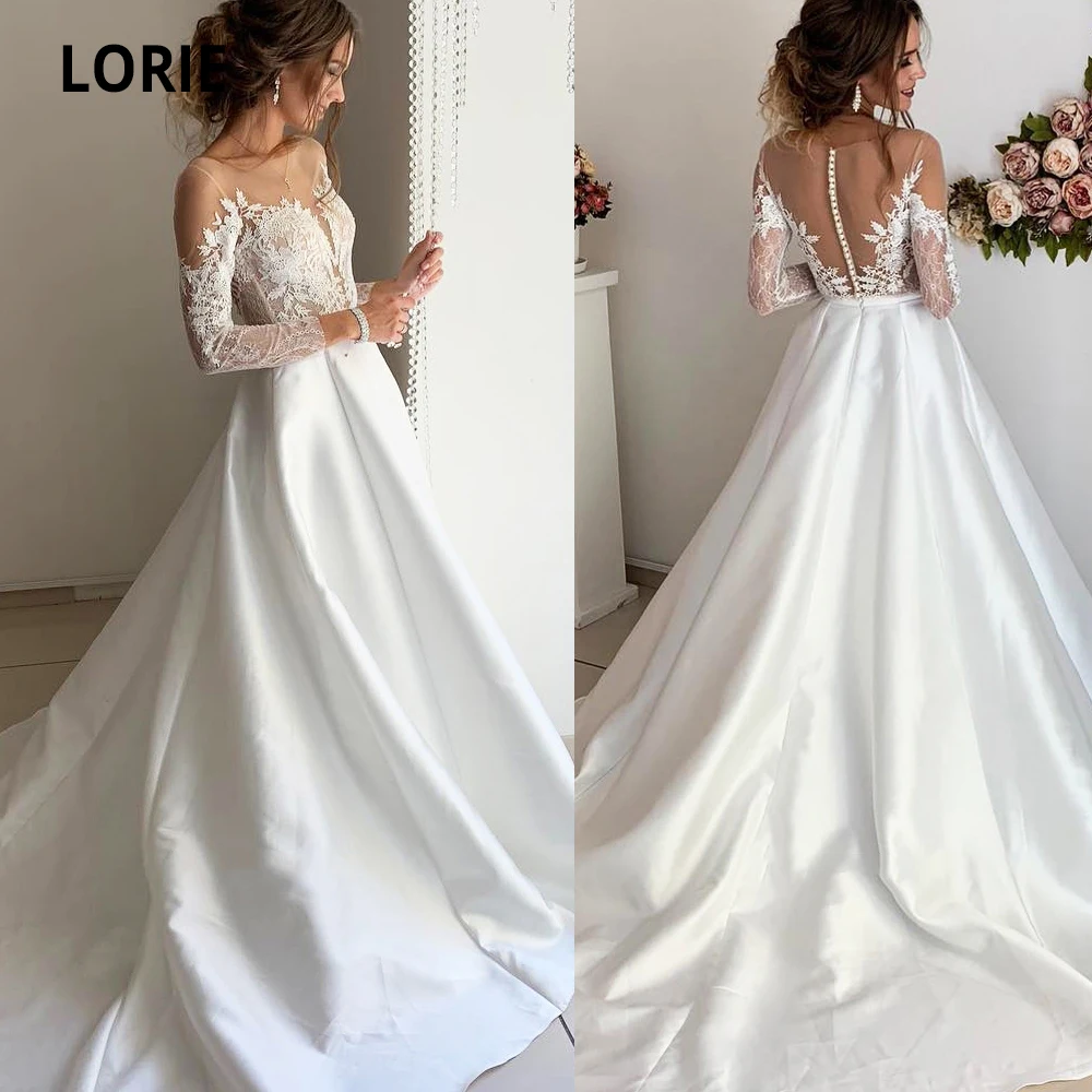 LORIE элегантные кружевные атласные свадебные платья с длинным рукавом, Аппликации, бохо, свадебное платье для пляжа, страны, свадебное платье, со шлейфом размера плюс
