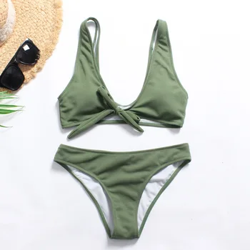 

Knitted Textured Sexy Swimsuit Split Suit Bikini Light Green Chest Bow Strap Slim Beach Suit bathing suit women