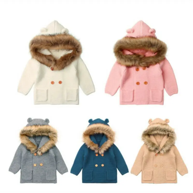 Теплое зимнее однотонное вязаное пальто с капюшоном для новорожденных мальчиков и девочек куртка с меховым воротником одежда для детей от 0 до 24 месяцев