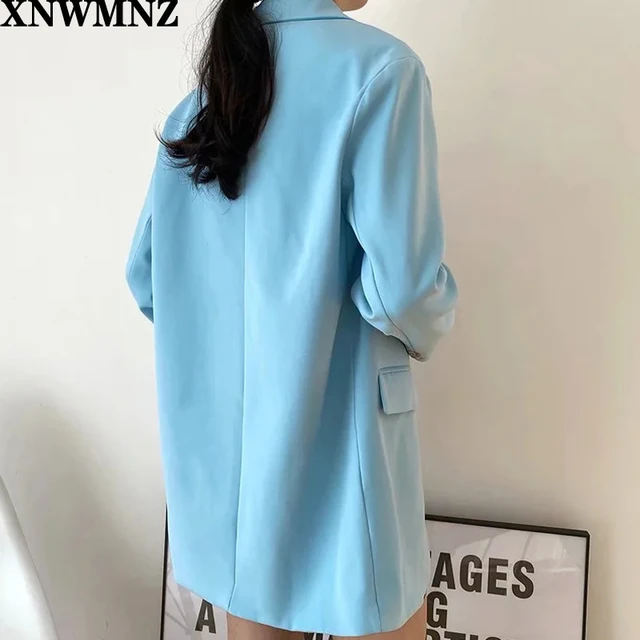 Za Women Blazer Formal Blazers Lady Office Work Suit Pockets Jackets Coat Slim Light Blue Women Blazer Femme Jackets Plus Size