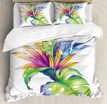 

Plant Duvet Cover Set Tropical Leaves and Monstera with Abstract Color Scheme Hawaiian Floral Elements Decorative 3 Piece Bed