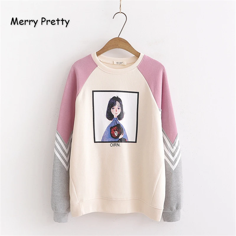 Merry Pretty женские толстовки с мультяшным принтом из кусков толстовки зимние спортивные костюмы с длинным рукавом и круглым вырезом женский корейский пуловер