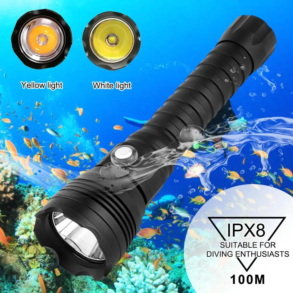 LED Diving Flashlight XHP70.2 Tactical 26650 Torch Yellow/White Light 4000 Lumen Underwater 100M Waterproof XHP70 Dive Lamp