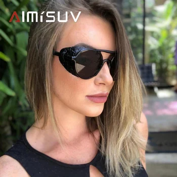 

AIMISUV Vintage Round Sunglasses For Men Steampunk 2020 New Retro Leather Side Shield Male Sun Glasses UV400 oculos feminino