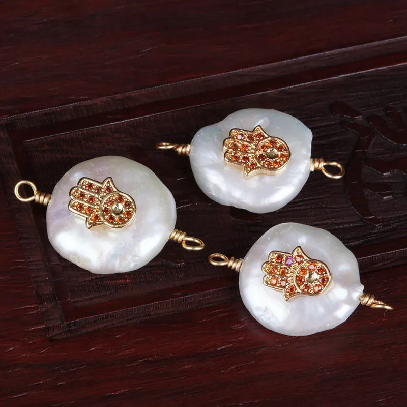 

orange cubic zircon paved gold fatima hand hamsa protection luck charm freshwater pearl connector bead charm for jewelry DIY