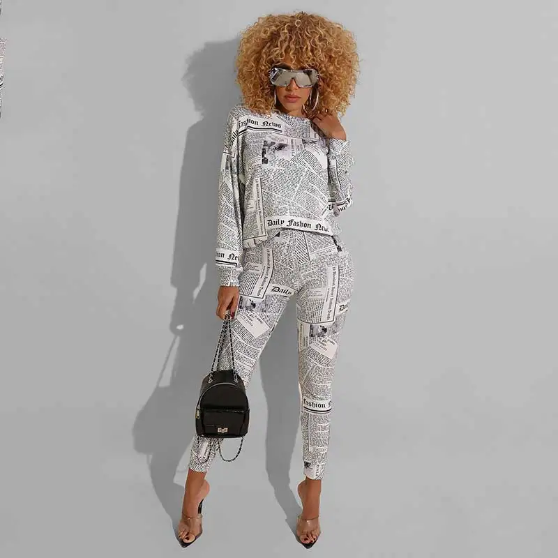Newspaper Print Two Piece Sets Women Luxury Leisure Sweatshirt Pencil Pants White Color Plus Size Lady 2 Set | Женская одежда