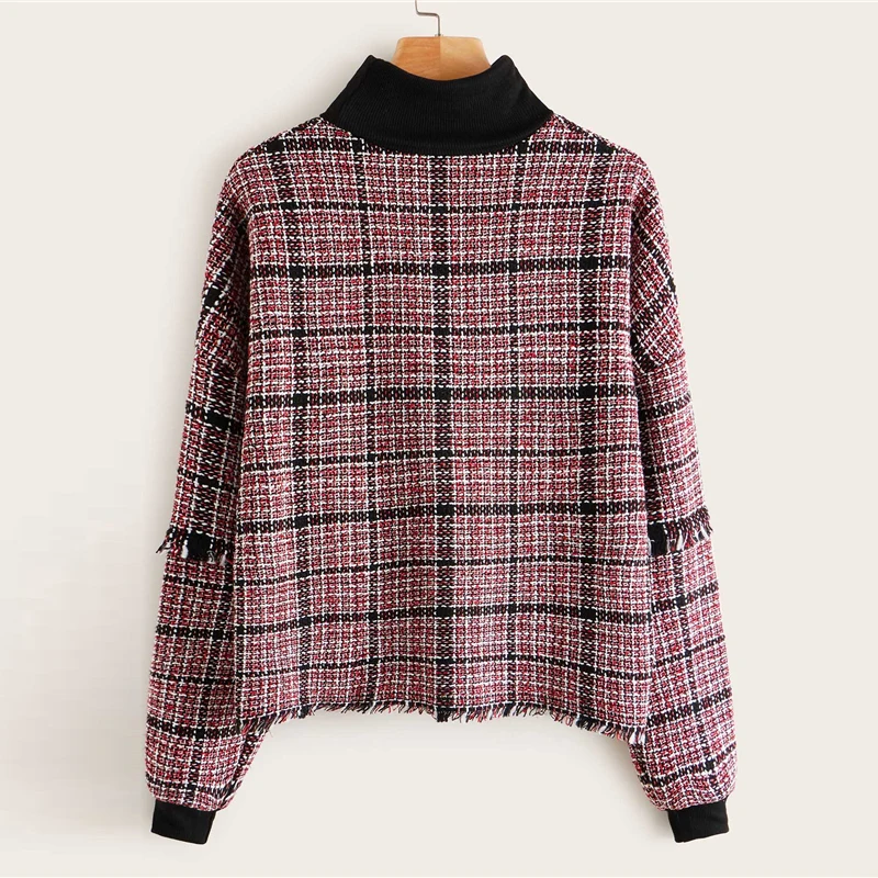 Sheinside Повседневный твидовый свитер со стоячим воротником и потертым подолом для женщин клетчатые Лоскутные толстовки для женщин контрастный твидовый Топ