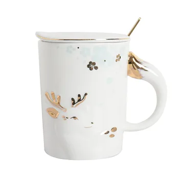 

400ml Embossed fawn painted gold ceramic mug With Spoon Coffee Tea Milk Animal Cups With Handle Drinkware Nice Gifts