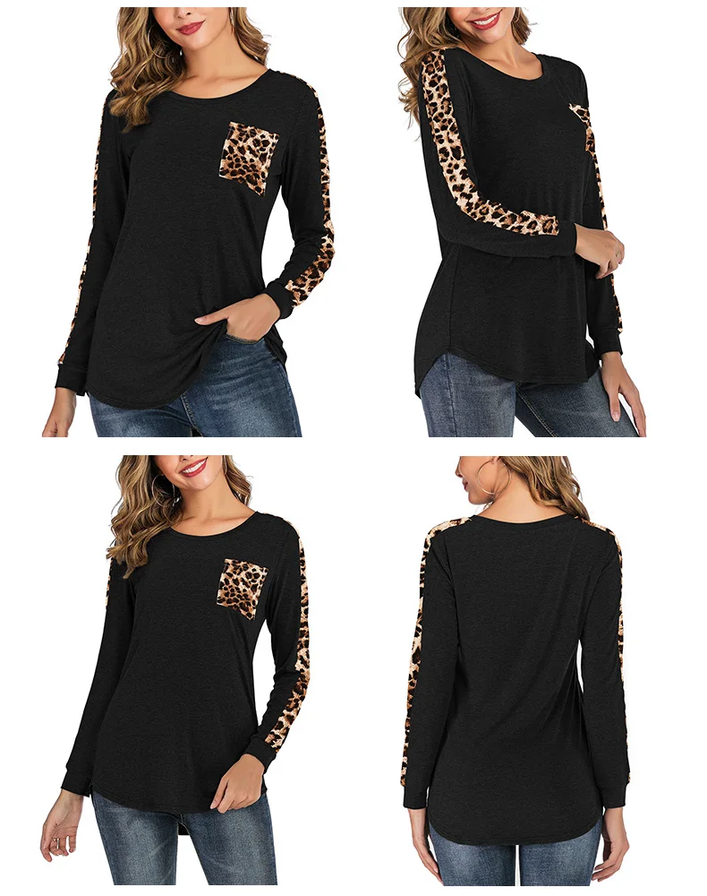 С леопардовым принтом в стиле пэчворк с круглым вырезом футболка с длинным рукавом Осенне-зимняя Дамская обувь повседневные футболки пуловер Футболка женская одежда
