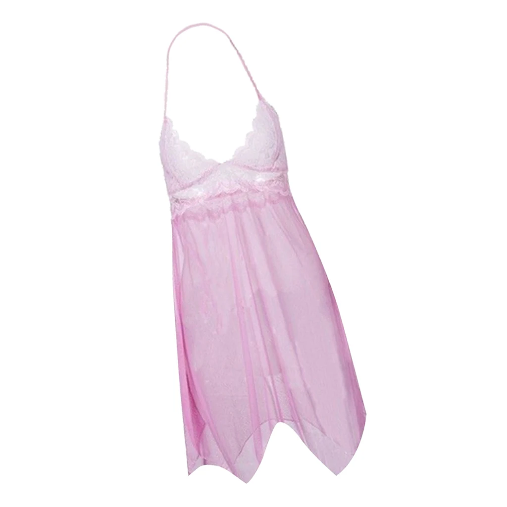 Womens Sexy Lace V Neck Nightdress Lingerie Sleepwear Babydoll Nightgown Pink