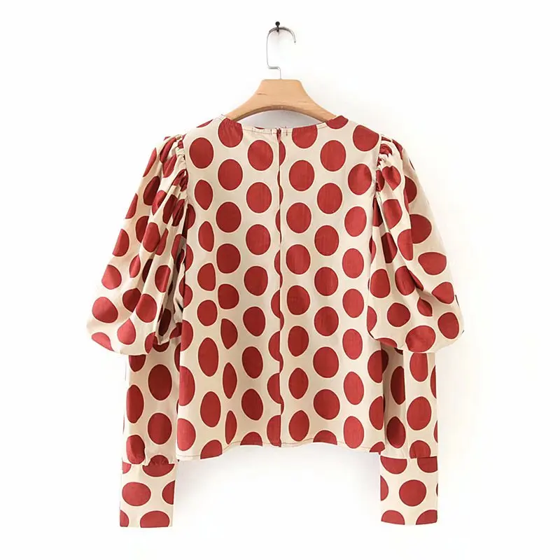 Женская винтажная Повседневная блуза в горошек с принтом, женская блузка в стиле ретро с пышными рукавами, плиссированные Блузы на молнии сзади, топы LS4254