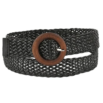 

Fashion Woven Belt For Women Jeans Dress Pants Solid Color Waist Belt Hollow Ethnic Style Round Buckle Wild Decoration Belt