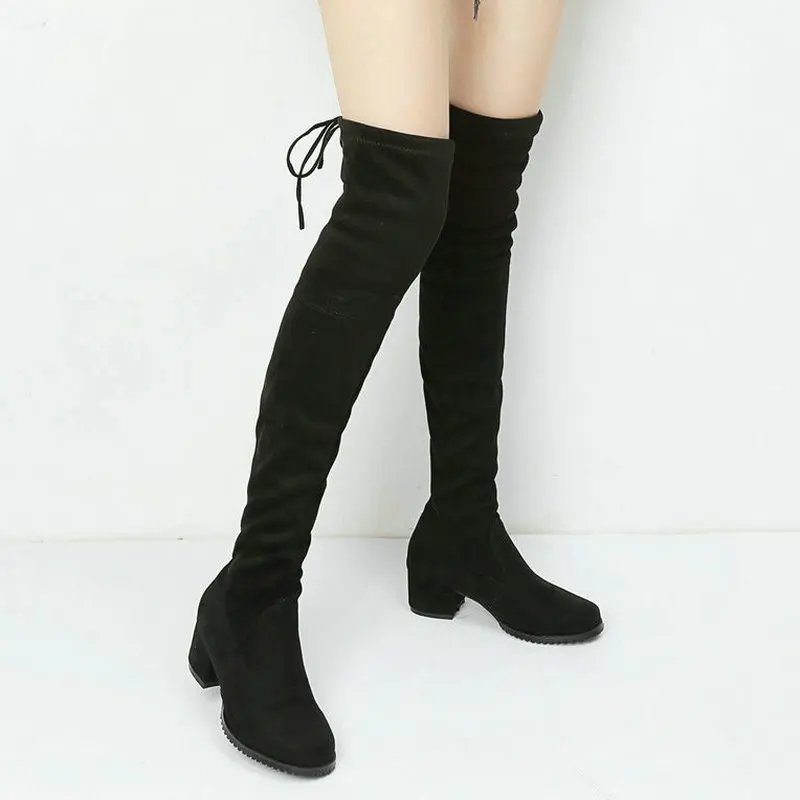 Botas por encima de la rodilla para mujer, botines elásticos aterciopelados  de tacón bajo cuadrado, a la moda, otoño e invierno, 2021|Botas sobre la  rodilla| - AliExpress