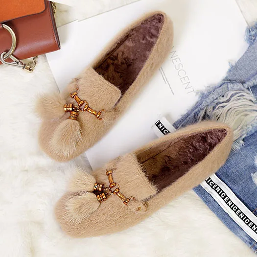 khaki 2 Дамы Красивые туфли на плоской подошве Коричневый Японский Китай Зимние мокасины Дизайнерские женские черные слипоны с квадратным носком из меха с металлическим украшением - Цвет: khaki 2