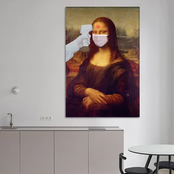 

Spoof FamousArt Celebrity With Mask Wall Art Canvas Painting Print Mona Lisa Wear Mask on Canvas Poster Home Decor