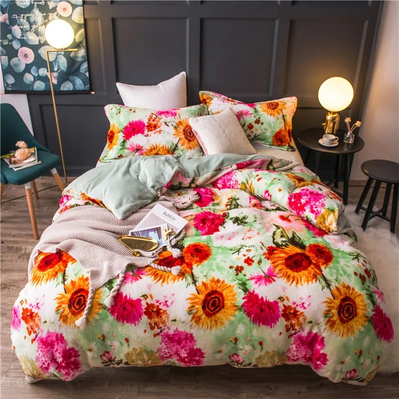 

Velvet Heating 4pcs Double Bed Full Size Bedding Set Sunflower Set Down Quilt Set Flat Bed Sheet Pillow Cover