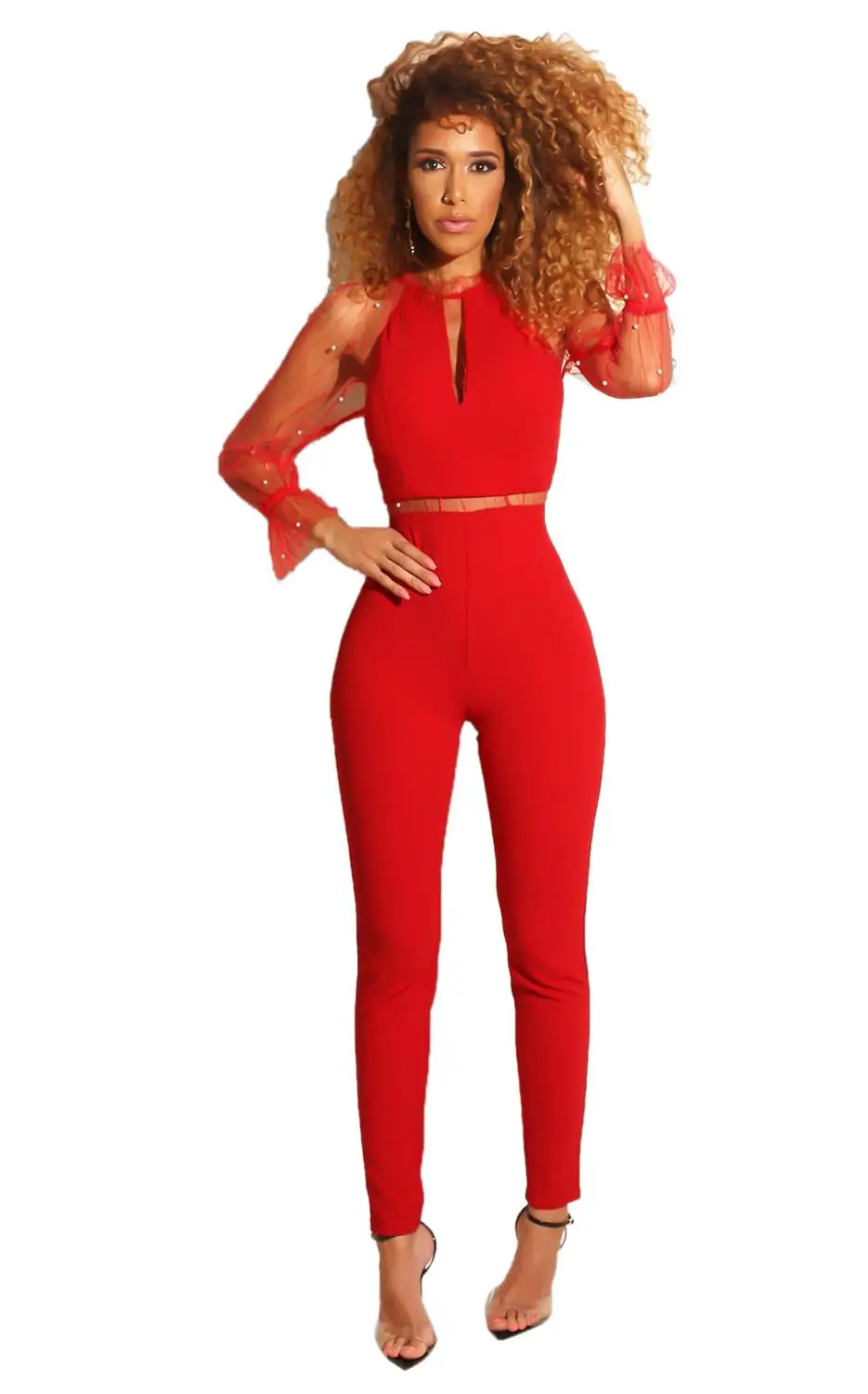 Женский комбинезон в европейском стиле, черный и красный цвета, сексуальный комбинезон с сеткой для женщин, облегающий женский комбинезон, SSJ3263 - Цвет: Красный