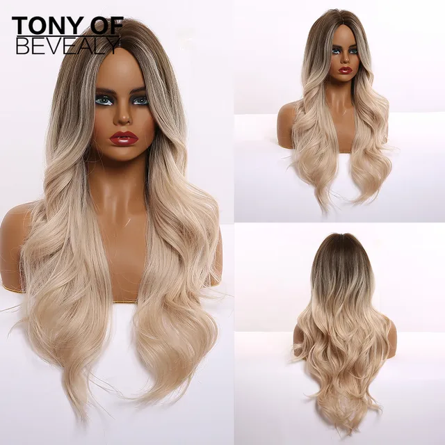 Long Water Wavy Synthetic Wigs Ombre Brown Middle Part Natural Hair Wigs For Women Cosplay Wigs Heat Resistant Fiber lc307-1