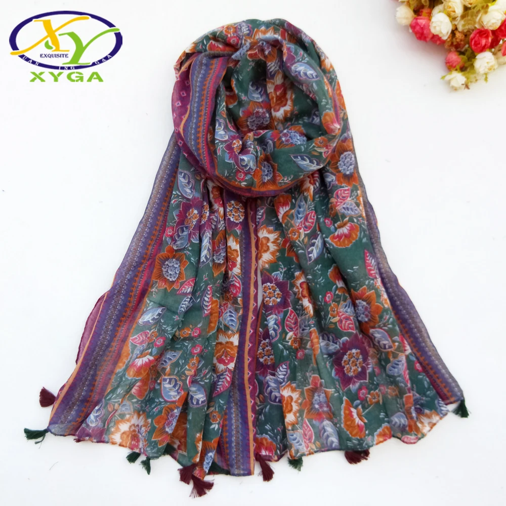 Хлопковый женский шарф с цветочным принтом, Осенний Длинный мягкий женский шарф с кисточками, мусульманские платки, хиджабы, тонкие летние шарфы