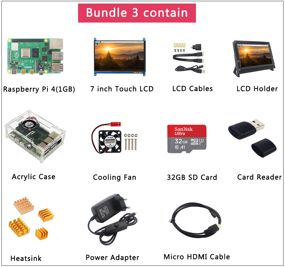 Raspberry Pi 4 Модель B Комплект LCD + сенсорный экран + держатель + sd-карта + ридер + чехол + вентилятор + радиатор + мощность + Micro HDMI для Pi 4