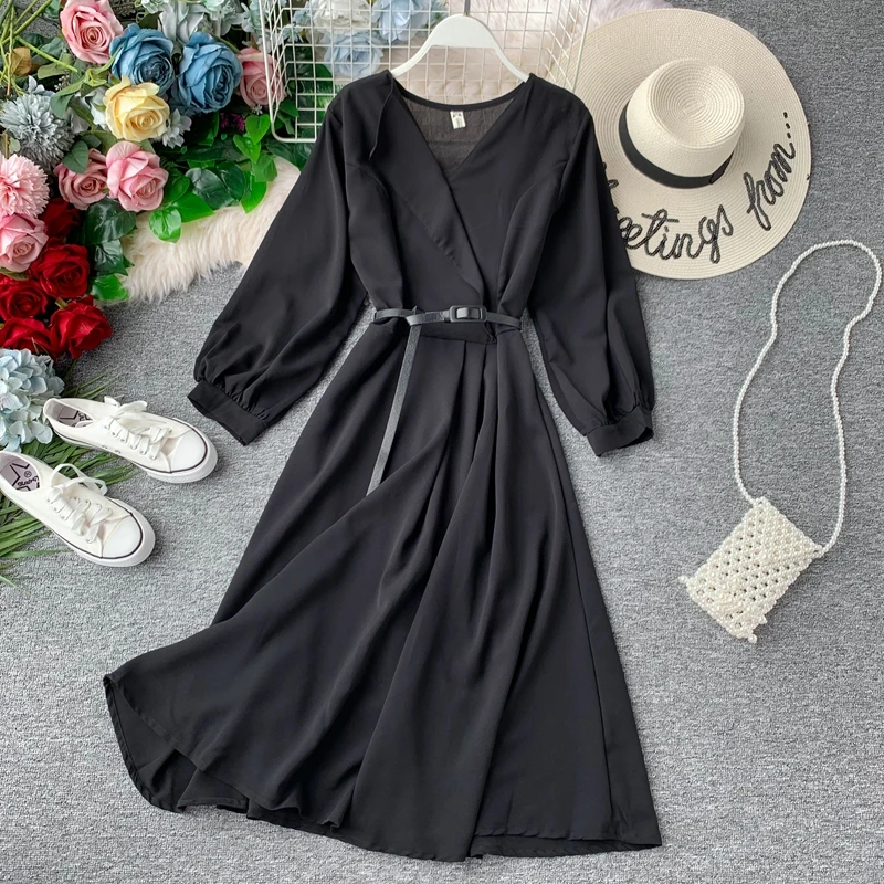black Neploe v образным вырезом тонкая талия средней длины трапециевидной формы vestido элегантный фонарь рукав Темперамент платье для женщин осень вечерние халат mujer 46140 - Цвет: black