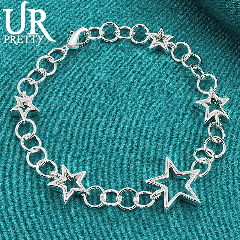 

URPRETTY 925 Sterling Silver Five Hollow Stars Chain Bracelet For Women Engagement Wedding Charm Jewelry