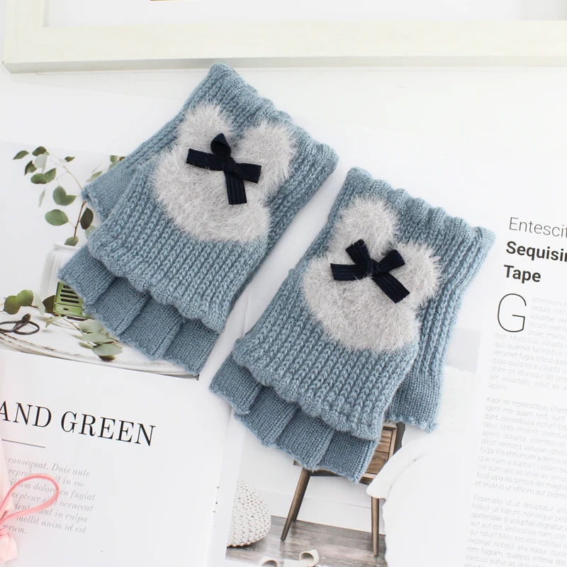 Милые перчатки зимние женские без пальцев Guantes Femme Rabbit luvas толстые теплые рукавички пэчворк Handschuhe для студентов и девушек - Цвет: G95 light blue