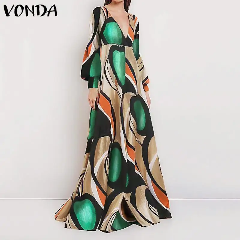 VONDA Party Dress Women Vintage Long Sleeve Floral Floor Length Dress