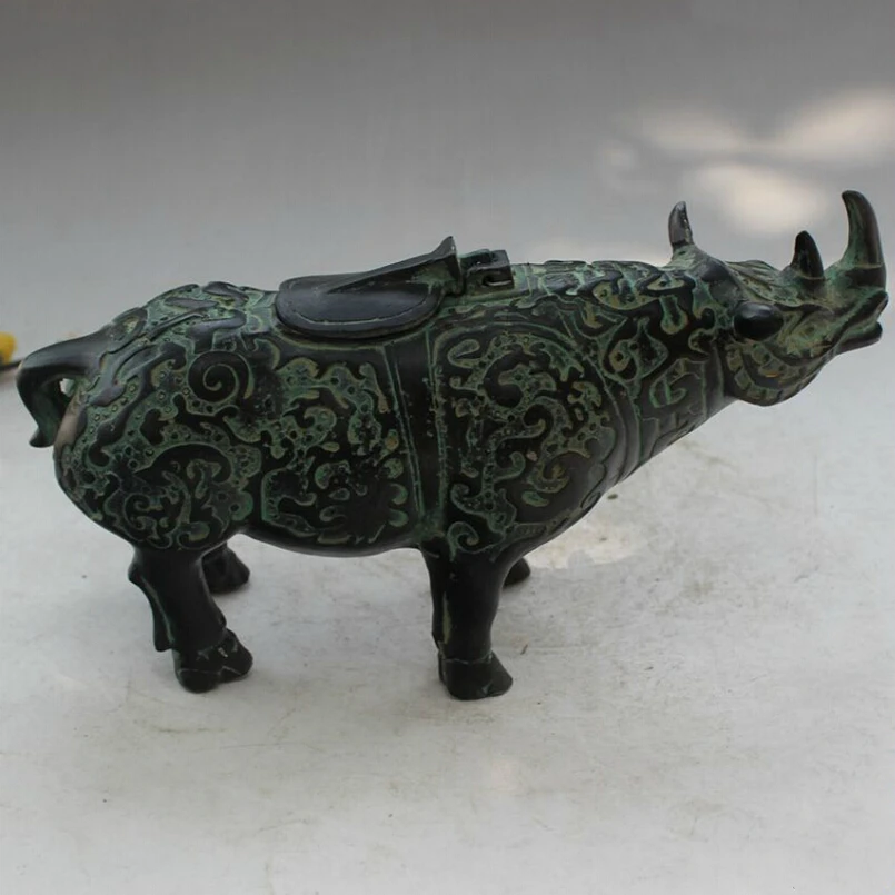 

Chinese Old Handwork Bronze Carving Rhinoceros Jewely Box fast