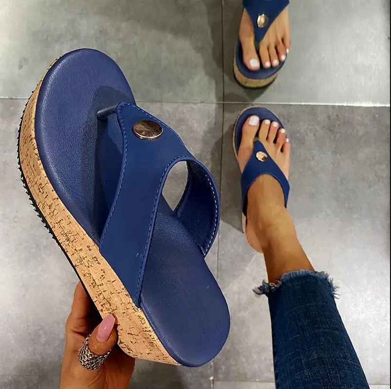 Plus size women’s beach wedge sandals with platform sole and open-toe summer design blue 2