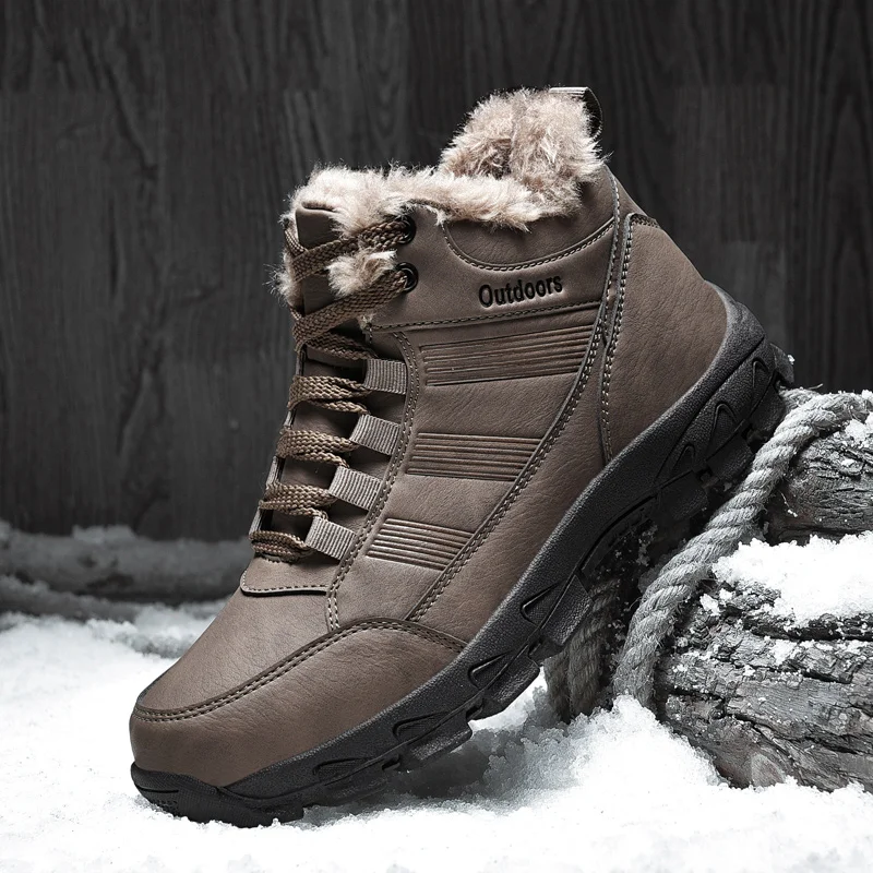 Мужские ботинки для пешего туризма, зимние ботинки на меху, теплые, водонепроницаемые, кожаные, для прогулок, для альпинизма,, большой размер 48 - Цвет: Brown
