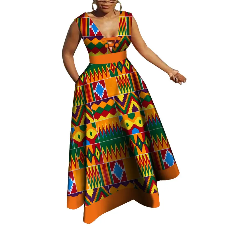 Bazin Riche, африканские платья для женщин, Дашики, пэчворк, воск, принт, вечерние, длинные, v-образный вырез, платья для женщин, африканская одежда WY4176 - Цвет: 1