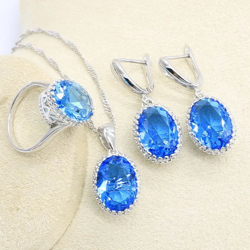 Геометрические голубые циркониевые 925 пробы серебряные свадебные украшения Набор для Для женщин браслет, серьги, ожерелье кулон подарочные коробки для колец