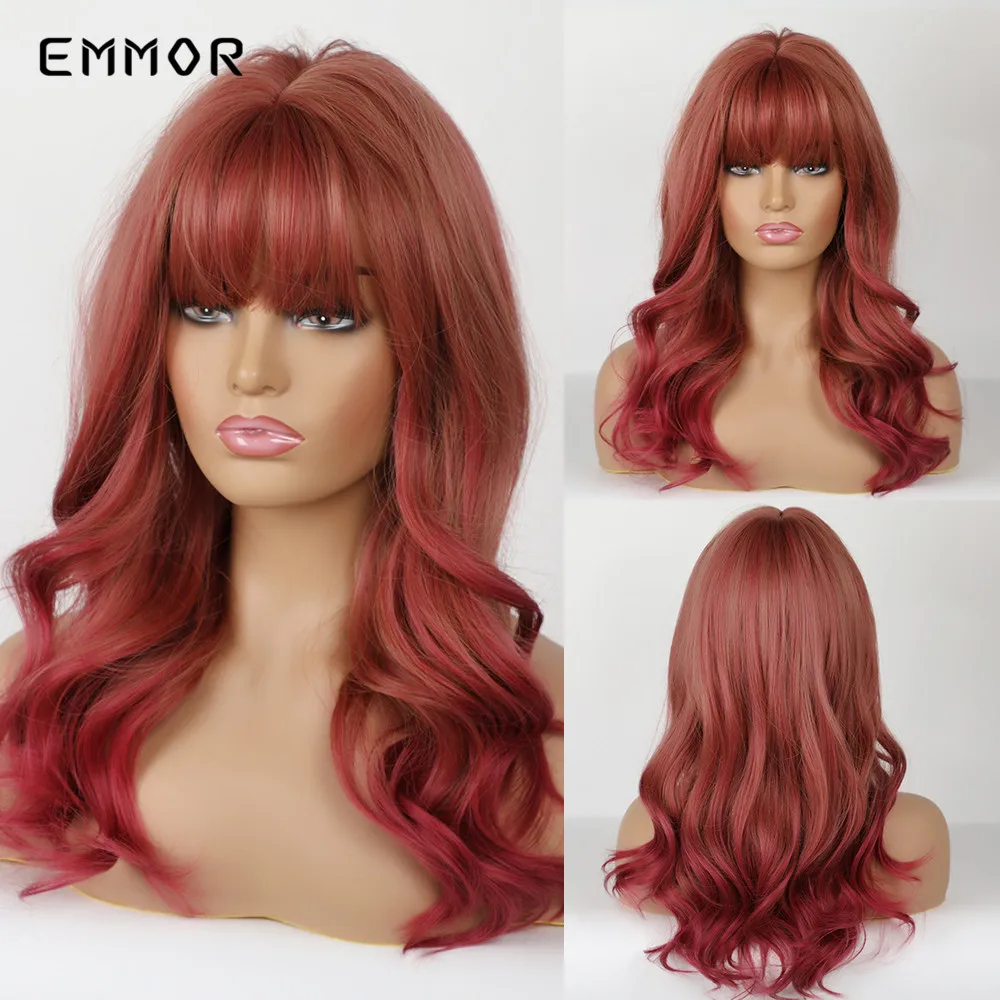 

EMMOR Long Natural Wave Reddish Brown Synthetic Hair Wigs with Bangs Wine Red Heat Resistant Cosplay Party Daily Wig for Women