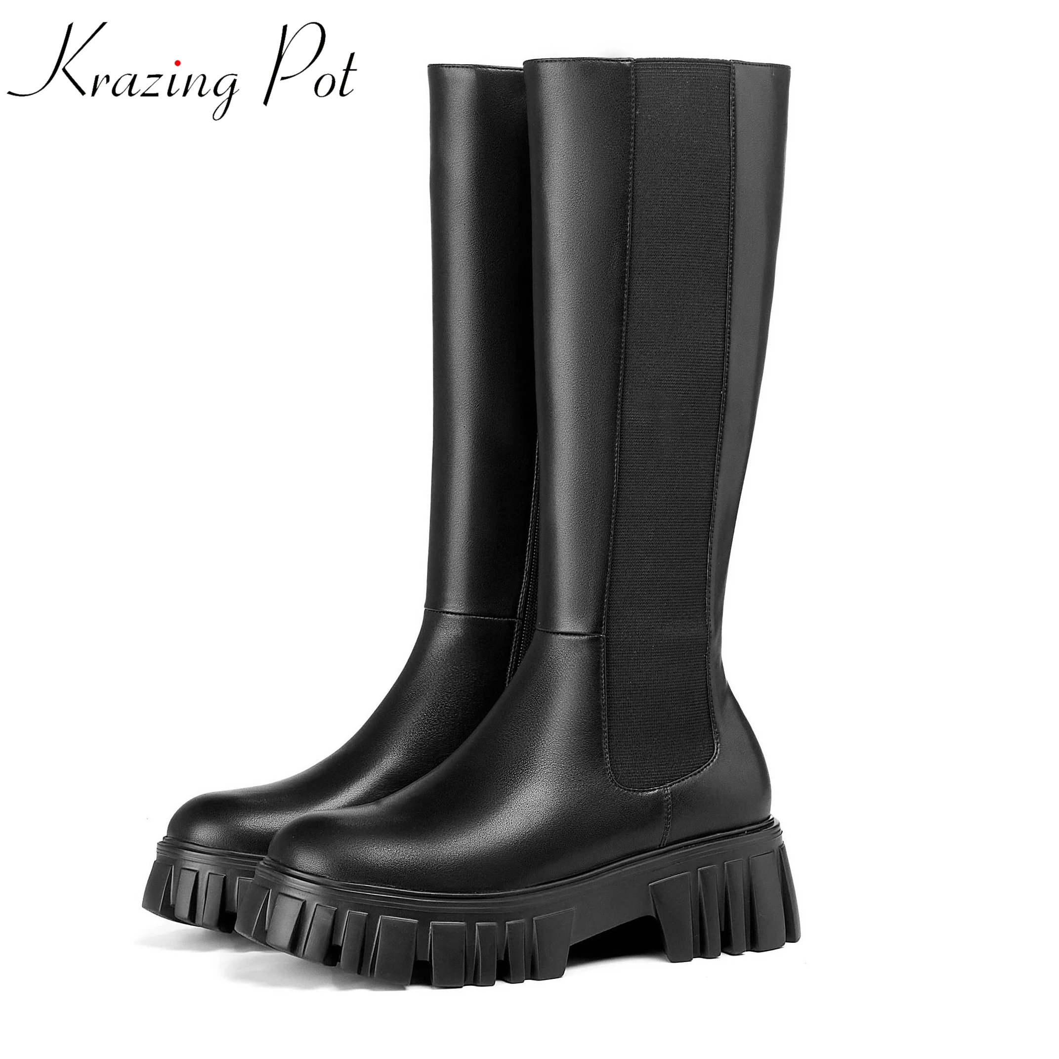 

Krazing Pot Cow Leather Equestrian Boots Round Toe Mature Lady Dating Classic Basic Platform Keep Warm Winter Thigh High Boots