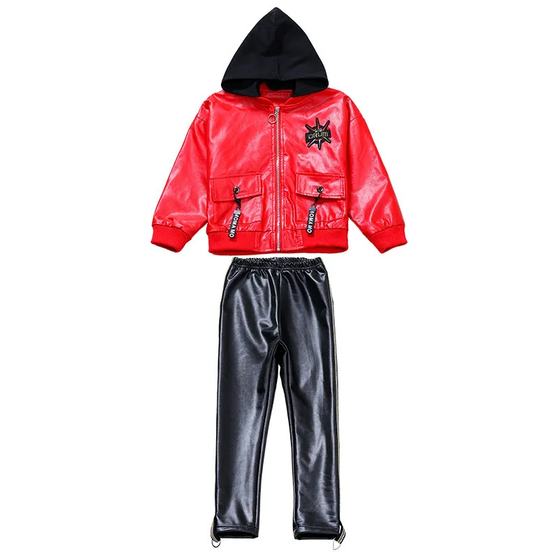 

Children's Clothes Hooded Leather Jacket Autumn Letter Webbing Clothes Pants Suit Boys And Girls Clothes Motorcycle Clothing
