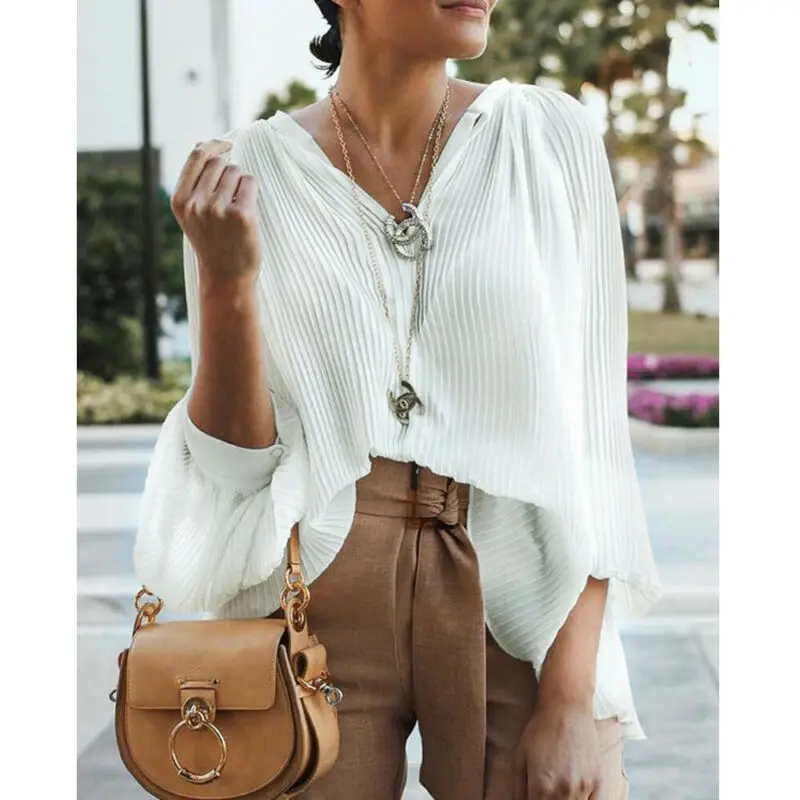 

2019 Autumn Women Chiffon Long Sleeve Blouse Irregular Tops Ladies Pleated Shirt Blouse Office Lady Female Clothing