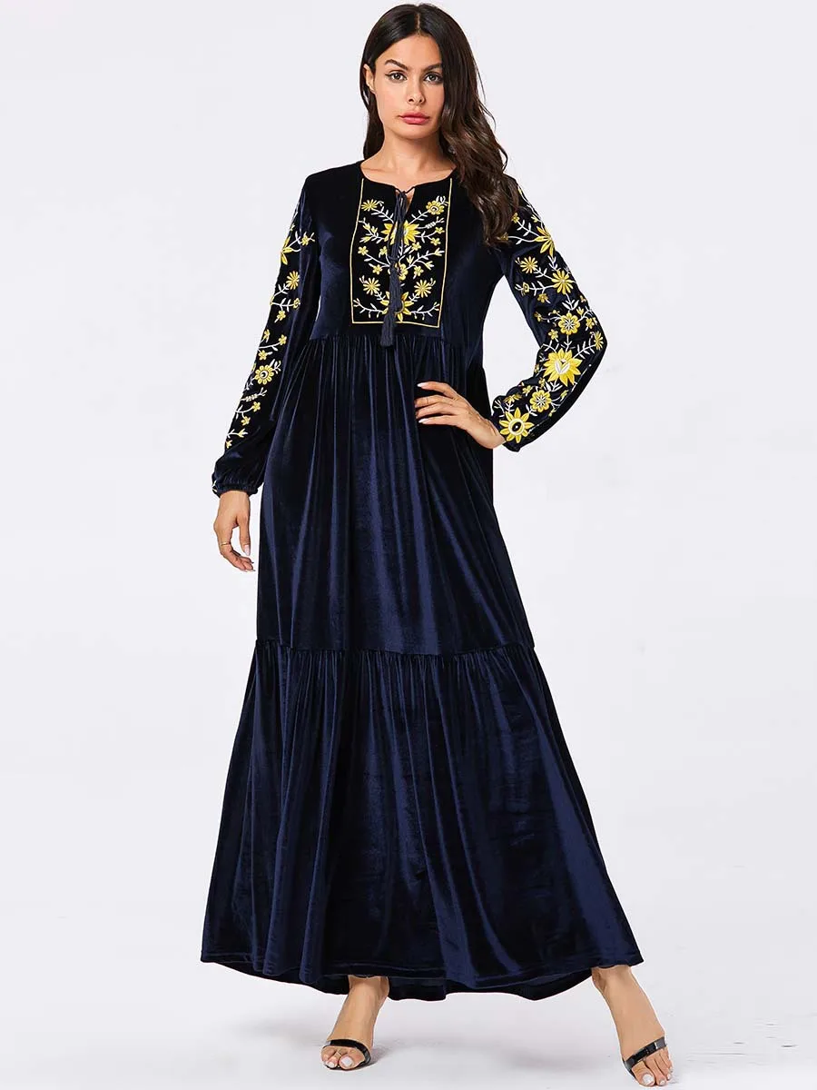 Abaya вельветовые длинные платья женские мусульманские платья Кафтан абайя вышивка Этническая кисточка макси платья осень плюс размер 4XL