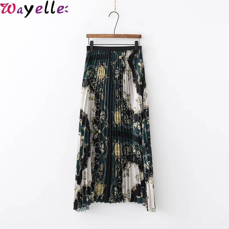 Элегантные плиссированные юбки женские новые винтажные Цветочные цепи печати эластичная высокая талия миди юбки офисные женские плиссированные длинные юбки
