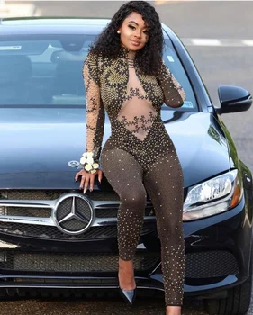 

High Elastic Beading Hollow Out Print DJ DS Costume Dance Jumpsuit