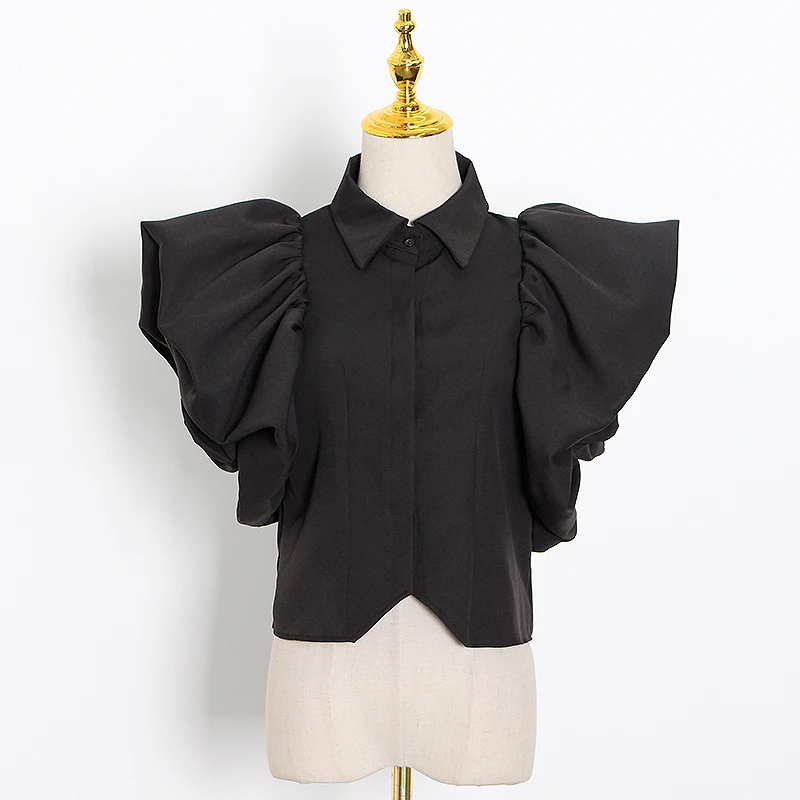 

Elegant Blouse For Women Lapel Short Sleeve Vintage Large Size White Ruffle Shirt Female New Clothing Summer