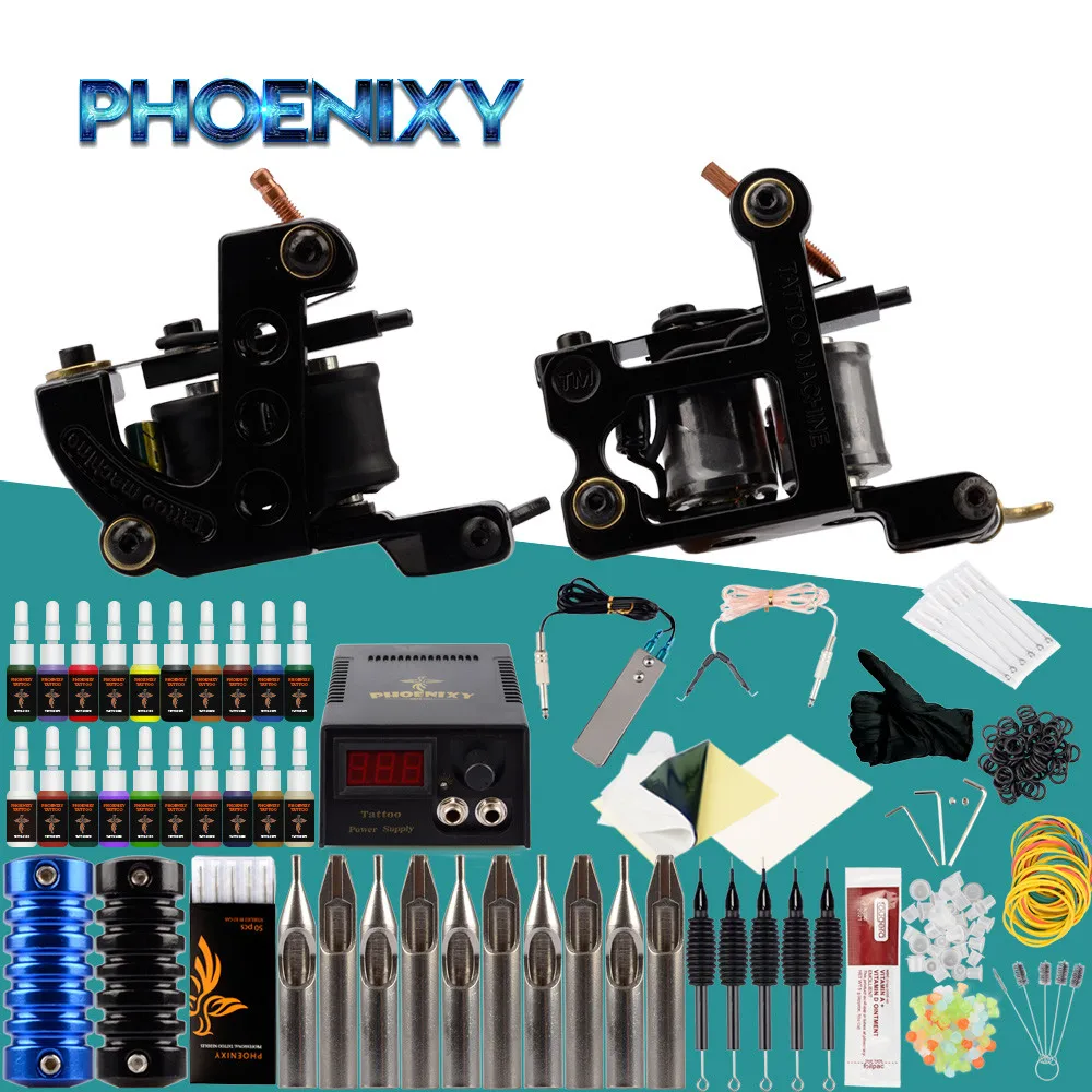 

Complete Tattoo Kit 2 Machines Gun 20 Pcs Ink Set Black Power Supply Needles Tips Full Tool Body Art Makeup Permanent Tattoo Set