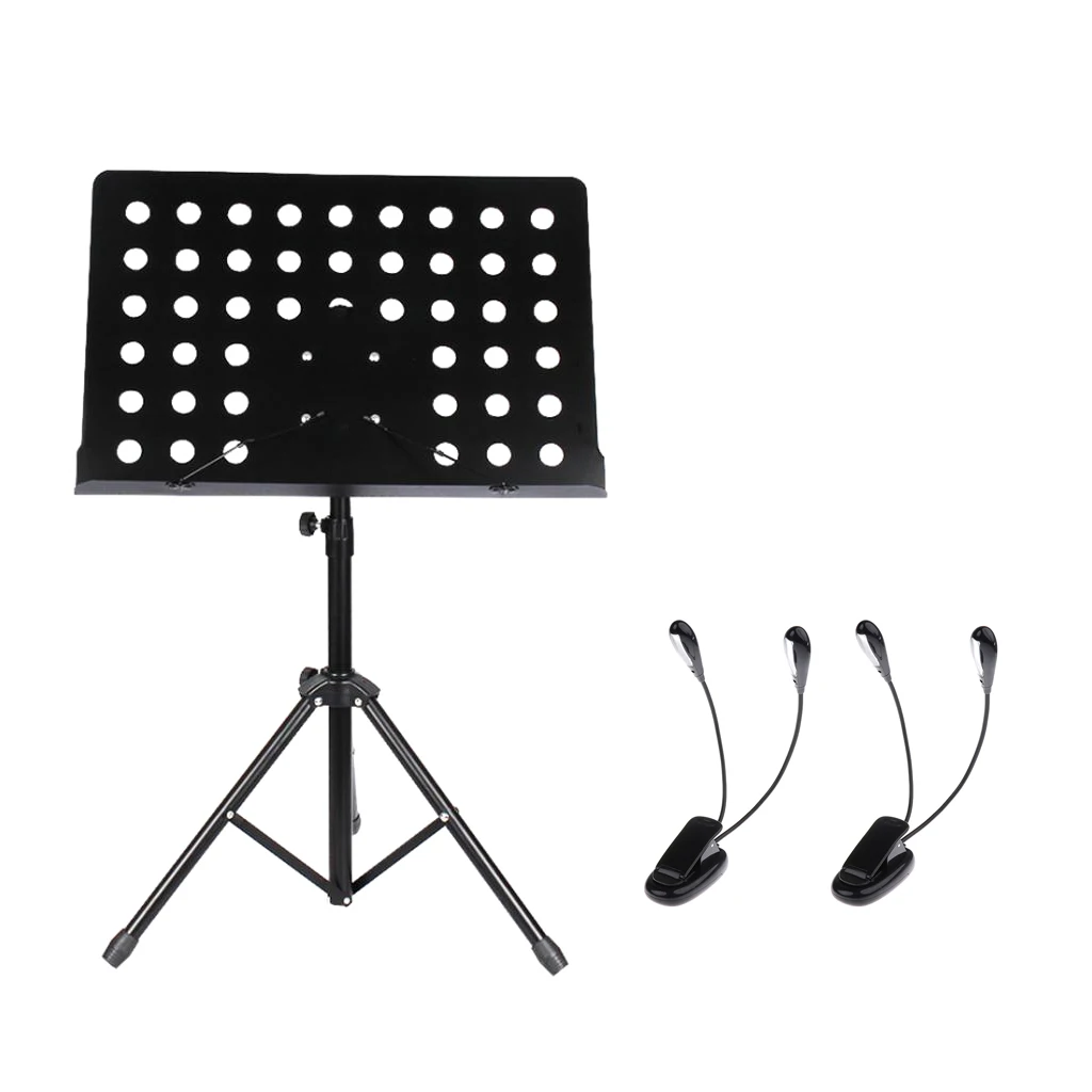 

Adjustable Metal Music Stand with 2x Clip-on 8 LEDs Music Socre Lamps Practice Accessory